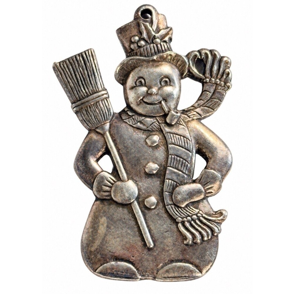 Vintage Gorham 1984 Snowman Christmas Ornament Silverplate Broom Holiday Decor